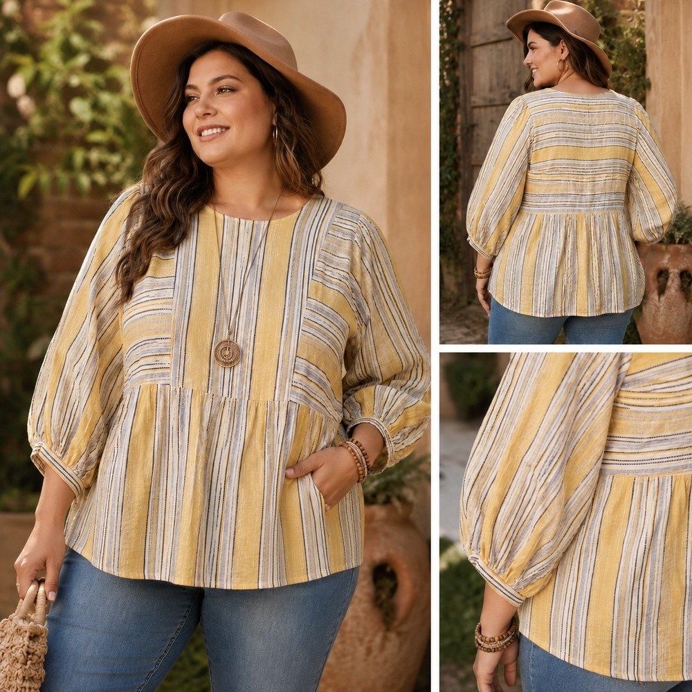 Ava James Linen Cotton Peasant Blouse 3X Plus Yellow Blue Stripe Puff Sleeve